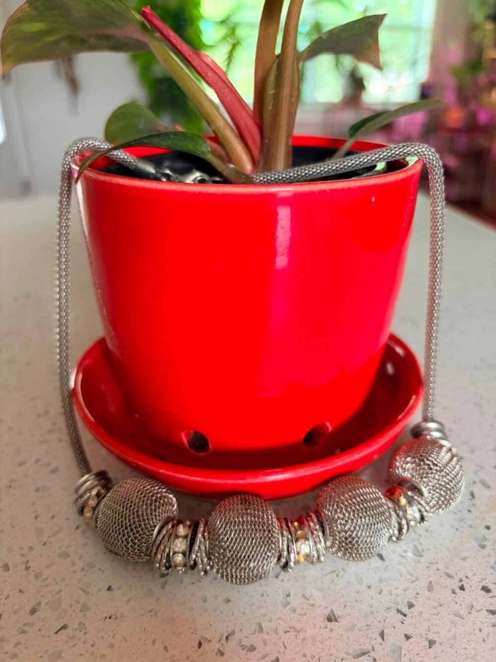 Silver Mesh Statement Necklace Textured Bead Rhinestone Collar Necklace
